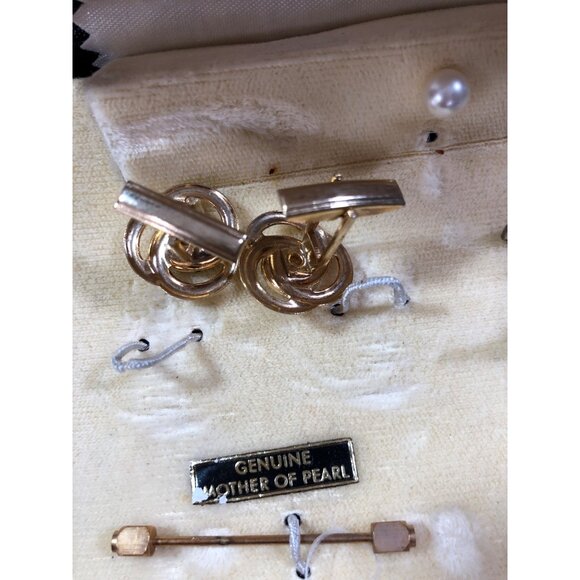 Vintage Stacy Cufflinks Tie Clips Set Mother Of Pearl Rhinestone Details Mens - Picture 16 of 16